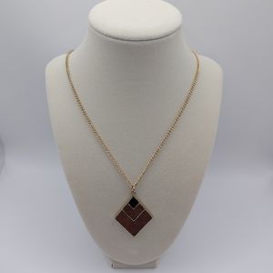 Gold Tone Diamond Shaped Wood Pendant Long Necklace